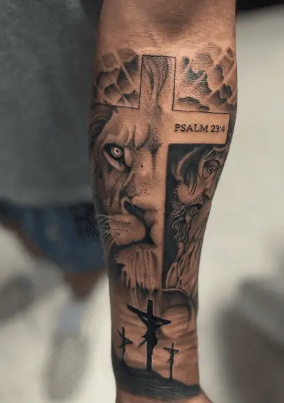 Lion and Jesus Face with Cross PSALM 23:4 Tattoo