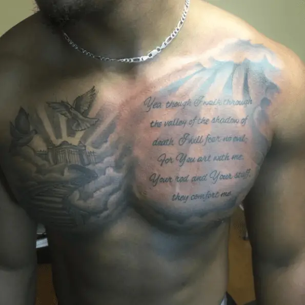 PSALM 23:4 Bible Phrase with Birds and Stairway Chest Tattoo