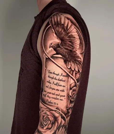 PSALMS 23:4 Verse with Dove and Rose Arm Tattoo