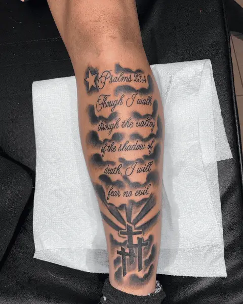 PSALMS 23:4 Bible Verse with 3 Crosses Leg Tattoo