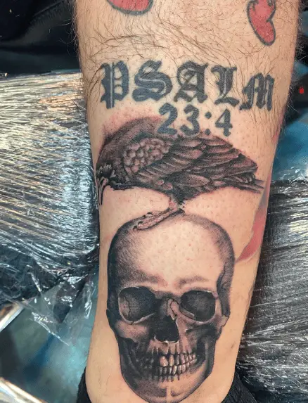 PSALM 23:4 Text with Skull an Bird Tattoo