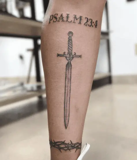 PSALM 23:4 Text with Dagger and Barbed Wire Shin Leg Tattoo