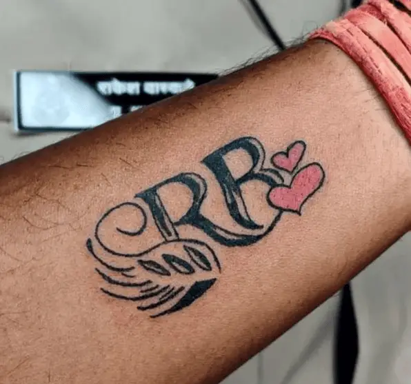 RB Initials with Red Hearts Forearm Tattoo