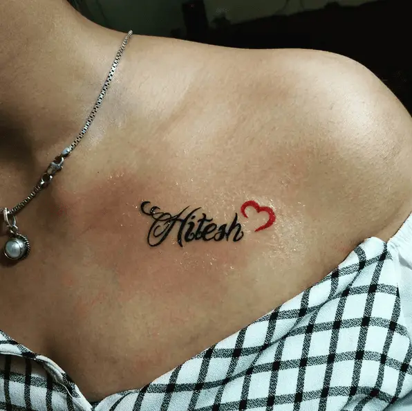 Black Ink Name with Red Ink Heart Tattoo