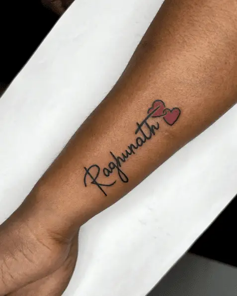 Name Raghunath with Double Red Hearts Tattoo