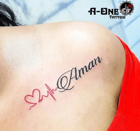 Name Aman with Red Ink Heartbeat Tattoo