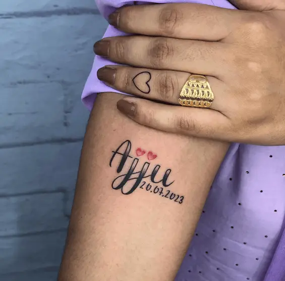 Name Tattoo with Tiny Double Hearts with Date