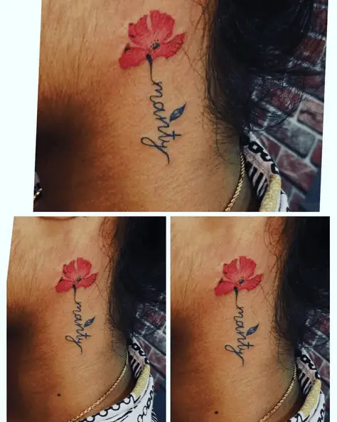 Red Flower with Name Neck Tattoo