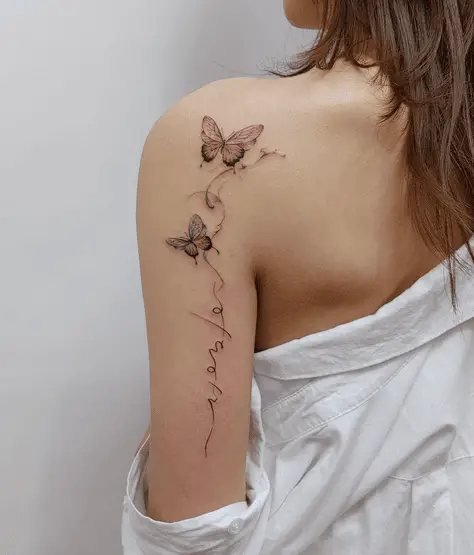 Korean Language Husband Name with Butterflies Tattoo