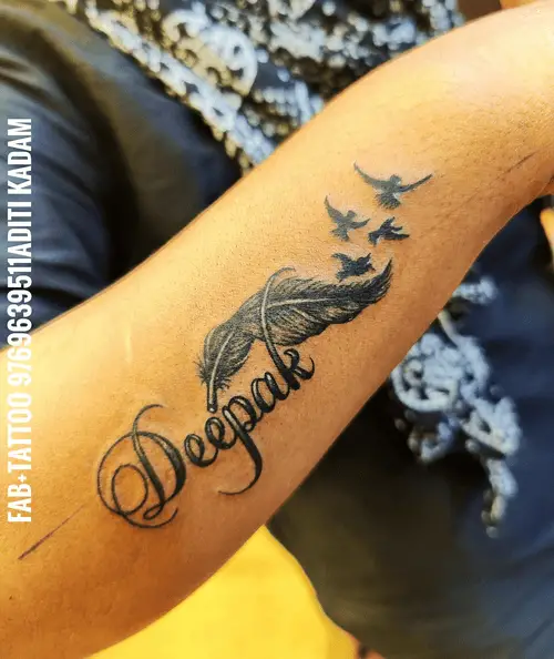 Name with Feathers and Birds Tattoo