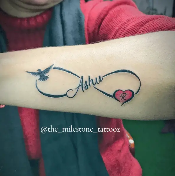 Name with Bird, Heart and Infinity Symbol Tattoo