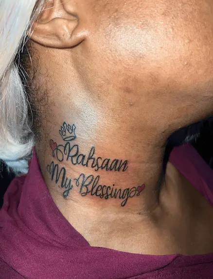 Name with Hearts and Crown Neck Tattoo