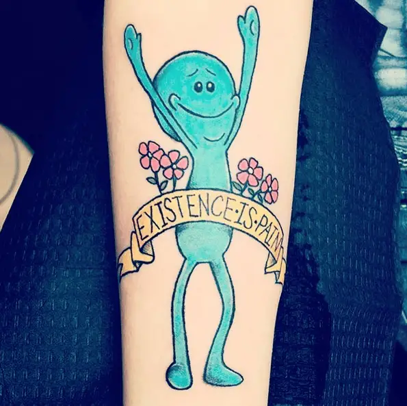 Cartoon Character with Pain Lettering Tattoo