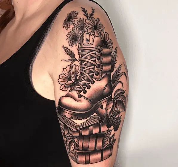 Books, Flowers Suffering Over Boots Tattoo