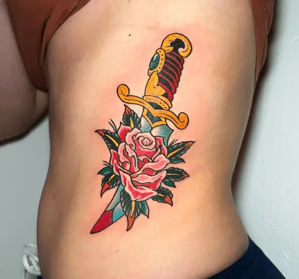 Traditional Rose with Dagger Rib Tattoo