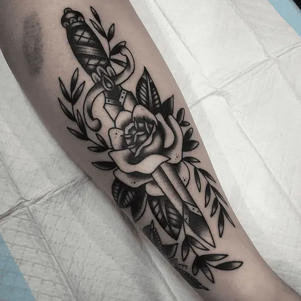 Black and Gray Rose with Leaves and Dagger Tattoo