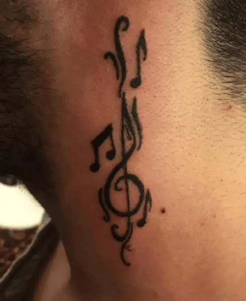Black Ink Multiple Music Note Neck Tattoo