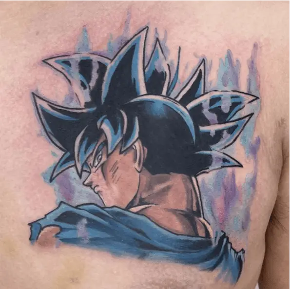 Colored Son Goku With Powerful Energy Chest Tattoo