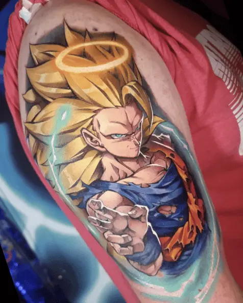 Colored Son Goku in Super Saiyan 3 Form Upper Arm Tattoo