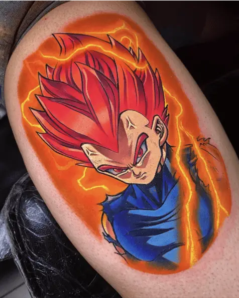 Colored Red Hair Vegeta With Electric Thigh Tattoo