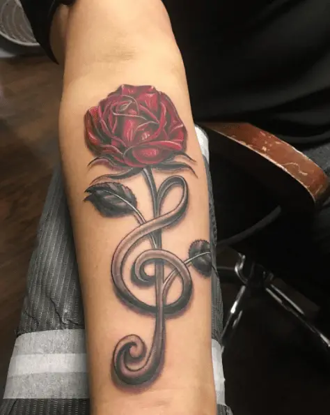 Red Rose Music Note Forearm Tattoo