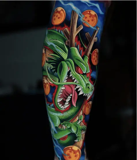 Colored Angry Shenron With Dragon Balls Leg Tattoo