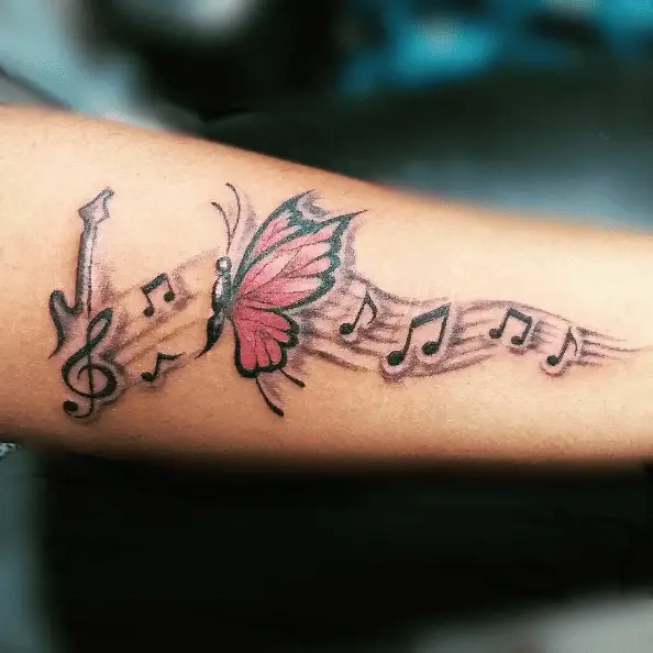 Music Note with Butterfly and Guitar Tattoo