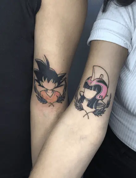 Colored No Face Kid Son Goku and Kid Chi Chi Matching Couple Tattoo