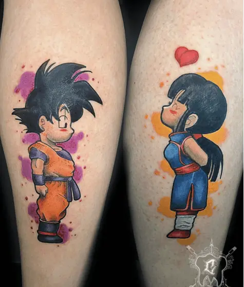 Colored Kid Son Goku and Kid Chi Chi With Watercolor Background Matching Couple Tattoo