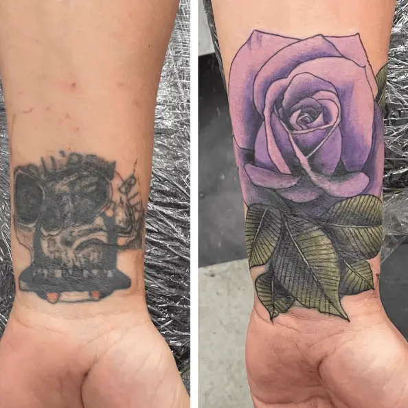 Purple Rose Wrist Coverup Tattoo