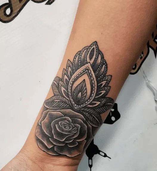 Black and Grey Rose Wrist Coverup Tattoo