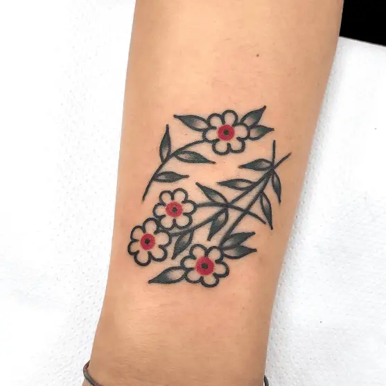 Black Line Red Florals with Green Leaves Tattoo