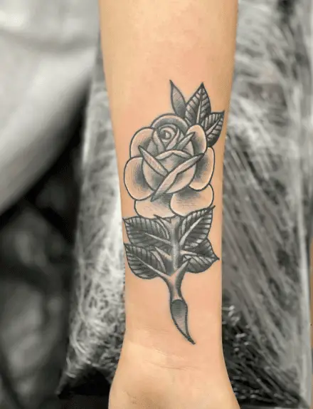 Greyscale Rose with Leaves Wrist Coverup Tattoo