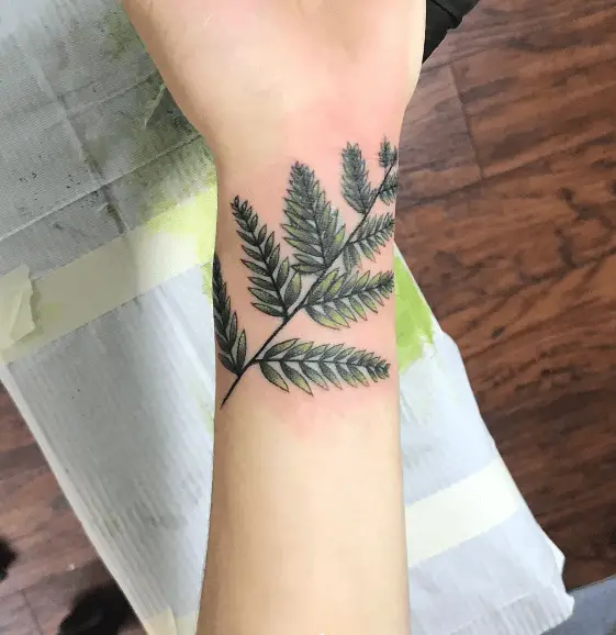 Green Leaves Branch Wrist Coverup Tattoo