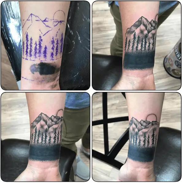 Trees with Mountain Wrist Coverup Tattoo