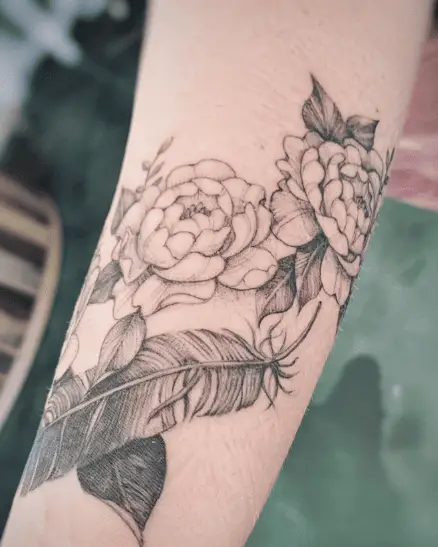 Peonies with Feather Forearm Tattoo