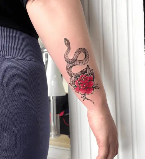Snake and Red Flowers Tattoo