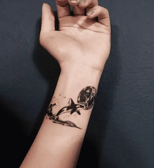 Orca, Wave and Full Moon Wrist Tattoo