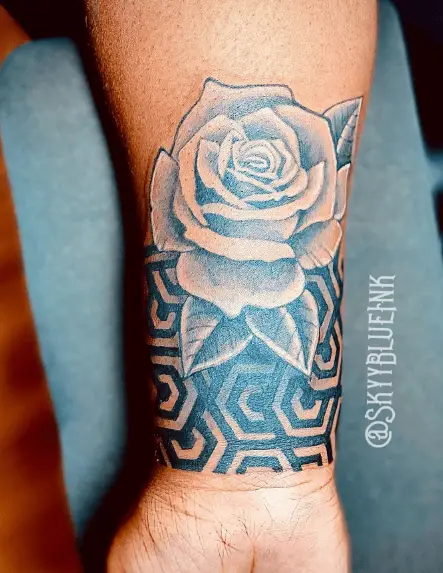 Rose with Geometrical Designs Wrist Tattoo