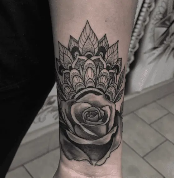 Grey Rose with Ornamental Design Wrist Tattoo