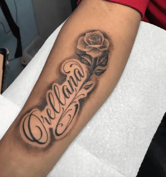 "Orellana" Last Name with Rose Forearm Tattoo