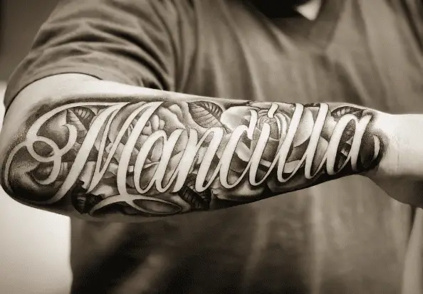"Mancilla" Last Name with Grey Shaded Floral Tattoo Piece