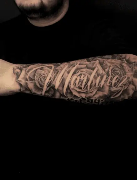 "Martinez" Last Name with Bunch of Shade Roses Tattoo