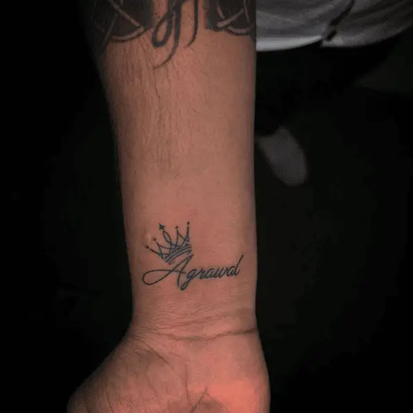 "Agrawal" Surname with Tiny Crown Wrist Tattoo