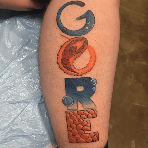 “Gore” Last Name in Fantastic Four Character Lettering Tattoo
