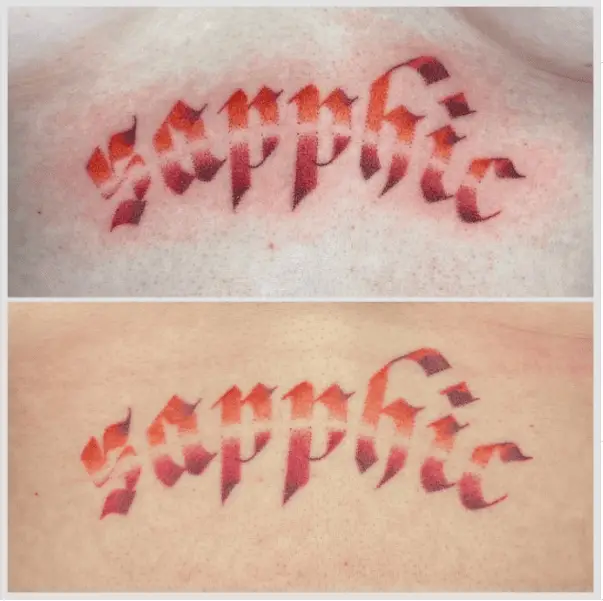 Two Toned Sapphic Lettering Tattoo