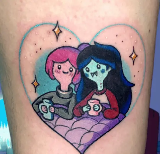 Cartoon Lesbian Couple Chilling in Heart Shape Tattoo 
