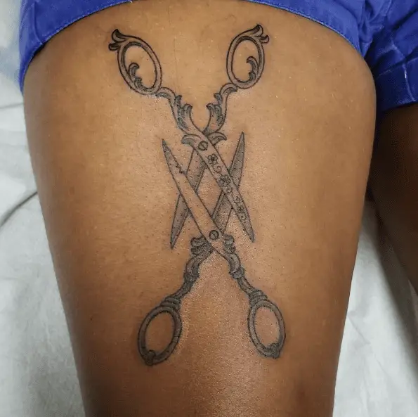 Decorative Double Scissors Thigh Tattoo