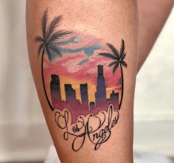 Colorful LA Skyline with Coconut Tree Tattoo