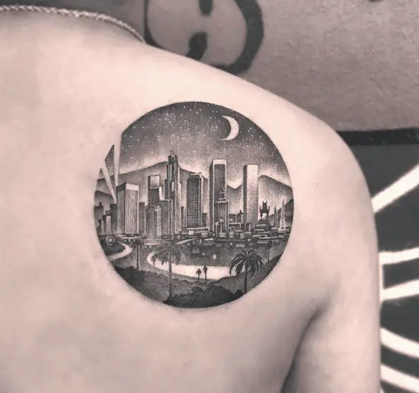 Circle Shaped LA Skyline Night Sky Tattoo